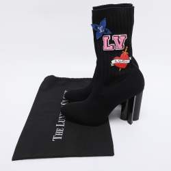 Pre Owned Louis Vuitton Black Knit Fabric LV Black Heart Sock Ankle Boots Size 38.5