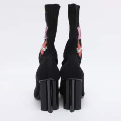 Pre Owned Louis Vuitton Black Knit Fabric LV Black Heart Sock Ankle Boots Size 38.5