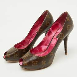 Pre Owned Louis Vuitton Monogram Canvas Rosemary Peep Toe Platform Pumps Size 37.5