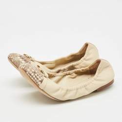 Pre Owned Louis Vuitton Off White Leather and Python Cap Toe Scrunch Ballet Flats Size 36.5