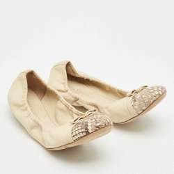 Pre Owned Louis Vuitton Off White Leather and Python Cap Toe Scrunch Ballet Flats Size 36.5