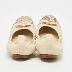 Pre Owned Louis Vuitton Off White Leather and Python Cap Toe Scrunch Ballet Flats Size 36.5