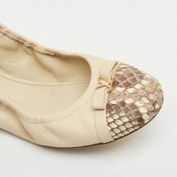 Pre Owned Louis Vuitton Off White Leather and Python Cap Toe Scrunch Ballet Flats Size 36.5