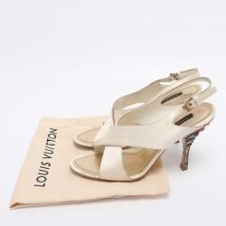 Pre Owned Louis Vuitton Cream Satin Cross Strap Embellished Heel Slingback Sandals Size 38.5