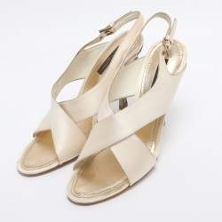 Pre Owned Louis Vuitton Cream Satin Cross Strap Embellished Heel Slingback Sandals Size 38.5