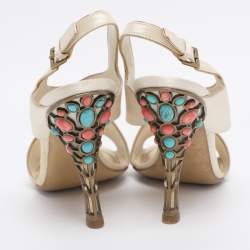 Pre Owned Louis Vuitton Cream Satin Cross Strap Embellished Heel Slingback Sandals Size 38.5