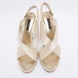Pre Owned Louis Vuitton Cream Satin Cross Strap Embellished Heel Slingback Sandals Size 38.5