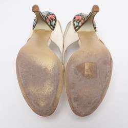 Pre Owned Louis Vuitton Cream Satin Cross Strap Embellished Heel Slingback Sandals Size 38.5