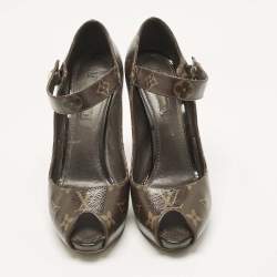 Pre Owned Louis Vuitton Brown Monogram Canvas Ritual Mary Jane Peep Toe Pumps Size 37.5