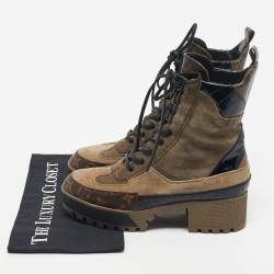 Pre Owned Louis Vuitton Multicolor Croc Embossed Leather and Suede Laureate Ankle Length Boots Size 38.5