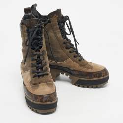 Pre Owned Louis Vuitton Multicolor Croc Embossed Leather and Suede Laureate Ankle Length Boots Size 38.5