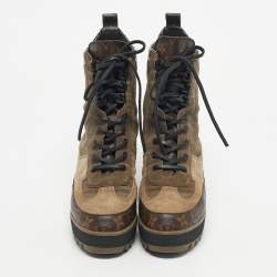 Pre Owned Louis Vuitton Multicolor Croc Embossed Leather and Suede Laureate Ankle Length Boots Size 38.5