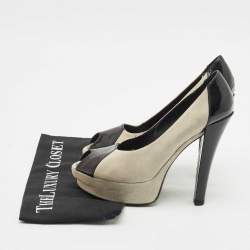 Pre Owned Louis Vuitton Grey/Black Suede And Patent Leather Peep Toe Platform Pumps Size 39