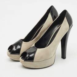 Pre Owned Louis Vuitton Grey/Black Suede And Patent Leather Peep Toe Platform Pumps Size 39