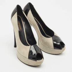 Pre Owned Louis Vuitton Grey/Black Suede And Patent Leather Peep Toe Platform Pumps Size 39