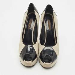 Pre Owned Louis Vuitton Grey/Black Suede And Patent Leather Peep Toe Platform Pumps Size 39