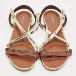 Pre Owned Louis Vuitton Brown Monogram Canvas and Leather Slingback Flat Sandals Size 40