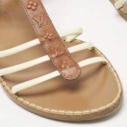 مملوكة مسبقًا Louis Vuitton Cream/Brown Patent And Monogram Leather Key West Flat Sandals Size 39.5