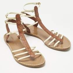 مملوكة مسبقًا Louis Vuitton Cream/Brown Patent And Monogram Leather Key West Flat Sandals Size 39.5
