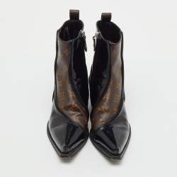 Pre Owned Louis Vuitton Black Patent Leather and Monogram Canvas Matador Ankle Boots Size 36