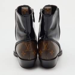 Pre Owned Louis Vuitton Black Patent Leather and Monogram Canvas Matador Ankle Boots Size 36
