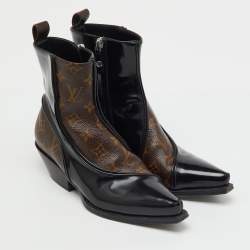Pre Owned Louis Vuitton Black Patent Leather and Monogram Canvas Matador Ankle Boots Size 36