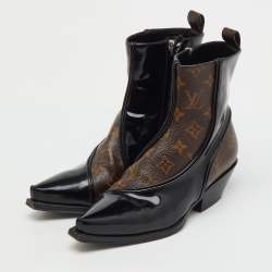 Pre Owned Louis Vuitton Black Patent Leather and Monogram Canvas Matador Ankle Boots Size 36