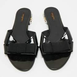 Pre Owned حذاء سلايد فلات لوي فيتون جلد لامع أسود مع فيونكة مقاس 41