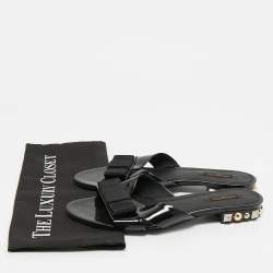 Pre Owned حذاء سلايد فلات لوي فيتون جلد لامع أسود مع فيونكة مقاس 41