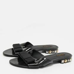 Pre Owned حذاء سلايد فلات لوي فيتون جلد لامع أسود مع فيونكة مقاس 41