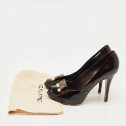 Pre Owned  Louis Vuitton Burgundy Patent Leather Damier Bow Peep Toe Pumps  Size 40