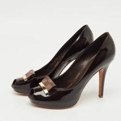 Pre Owned  Louis Vuitton Burgundy Patent Leather Damier Bow Peep Toe Pumps  Size 40