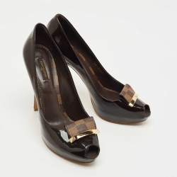 Pre Owned  Louis Vuitton Burgundy Patent Leather Damier Bow Peep Toe Pumps  Size 40