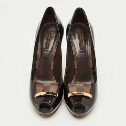 Pre Owned  Louis Vuitton Burgundy Patent Leather Damier Bow Peep Toe Pumps  Size 40
