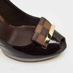 Pre Owned  Louis Vuitton Burgundy Patent Leather Damier Bow Peep Toe Pumps  Size 40