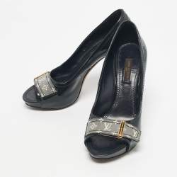 Pre Owned Louis Vuitton Dark Green Patent Leather And Monogram Canvas Idylle Buci Open Toe Pumps Size 36