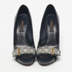 Pre Owned Louis Vuitton Dark Green Patent Leather And Monogram Canvas Idylle Buci Open Toe Pumps Size 36