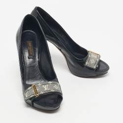 Pre Owned Louis Vuitton Dark Green Patent Leather And Monogram Canvas Idylle Buci Open Toe Pumps Size 36