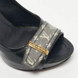 Pre Owned Louis Vuitton Dark Green Patent Leather And Monogram Canvas Idylle Buci Open Toe Pumps Size 36