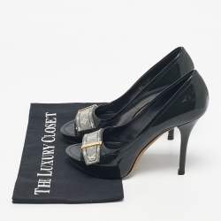 Pre Owned Louis Vuitton Dark Green Patent Leather And Monogram Canvas Idylle Buci Open Toe Pumps Size 36