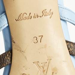 Pre Owned Louis Vuitton Blue/Brown Monogram Canvas and Leather Slide Sandals Size 37