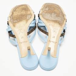 Pre Owned Louis Vuitton Blue/Brown Monogram Canvas and Leather Slide Sandals Size 37