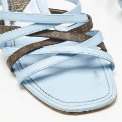 Pre Owned Louis Vuitton Blue/Brown Monogram Canvas and Leather Slide Sandals Size 37