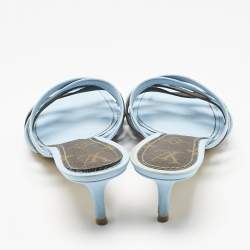 Pre Owned Louis Vuitton Blue/Brown Monogram Canvas and Leather Slide Sandals Size 37