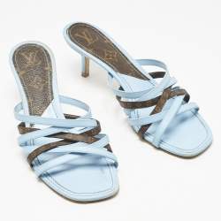 Pre Owned Louis Vuitton Blue/Brown Monogram Canvas and Leather Slide Sandals Size 37