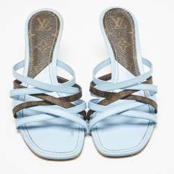 Pre Owned Louis Vuitton Blue/Brown Monogram Canvas and Leather Slide Sandals Size 37