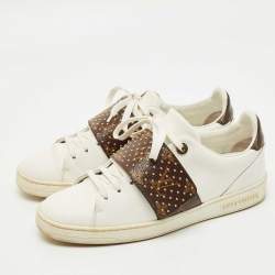 Pre Owned Louis Vuitton White/Brown Monogram Canvas and Leather Frontrow Lace Up Sneakers Size 38
