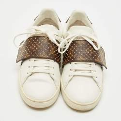 Pre Owned Louis Vuitton White/Brown Monogram Canvas and Leather Frontrow Lace Up Sneakers Size 38