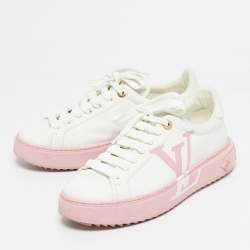 مملوكة مسبقًا حذاء رياضي لويس فيتون جلد أبيض ووردي برباط علوي مقاس 39