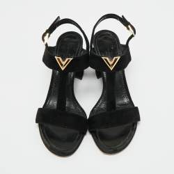 Pre Owned Louis Vuitton Black Suede Medallion Sandals Size 38